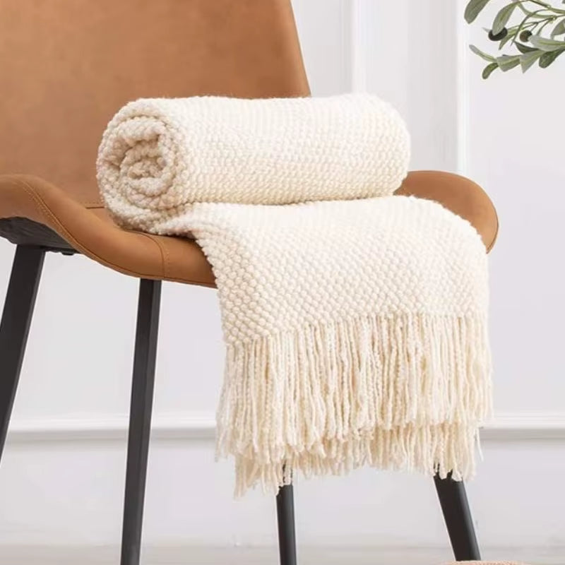 Cream Throw Gift Knitted Blanket Solid Color Fringe Decoration Blanket Cover Bean Blankets for Office Nap Couch and Bed Xmas