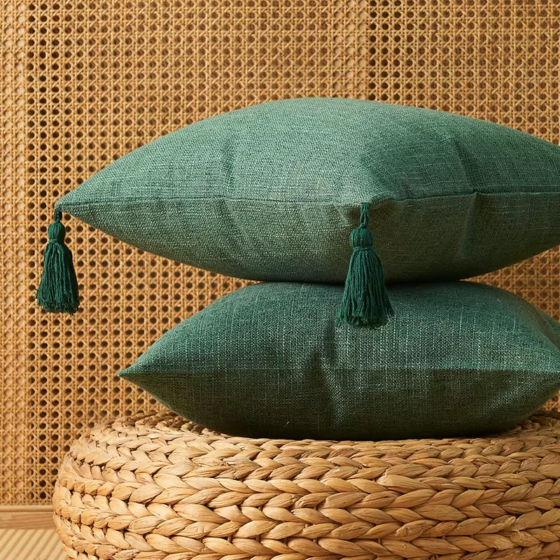 Solid Linen Pillow/Cushion Covers European with Tassels Throw Pillow Sham 18X18Inch Home Decor Square Decorative for Couch Kids