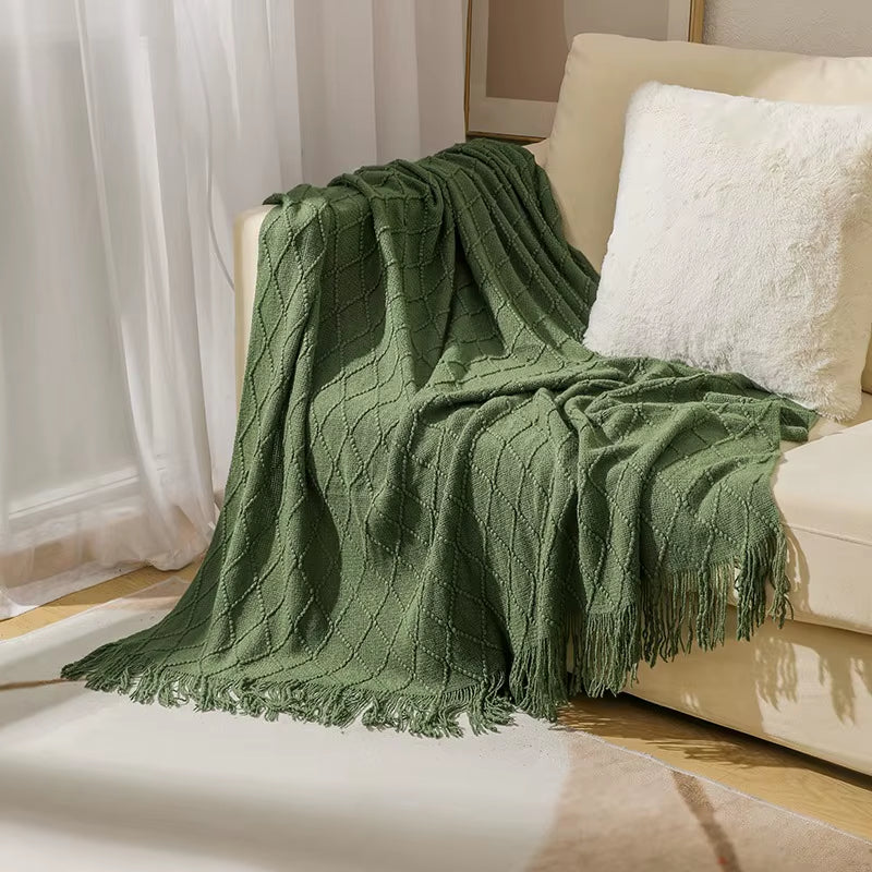 Chritmas Green Blankets Large Knitted Tassel Throw for Bed Chair Sofa Couch Cover All-Season Blanket Home Decor Soft Comfortable