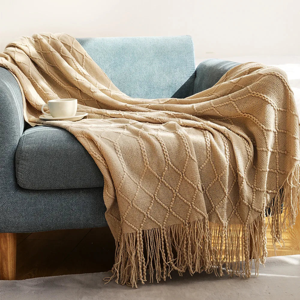 Cream Throw Gift Knitted Blanket Solid Color Fringe Decoration Blanket Cover Bean Blankets for Office Nap Couch and Bed Xmas