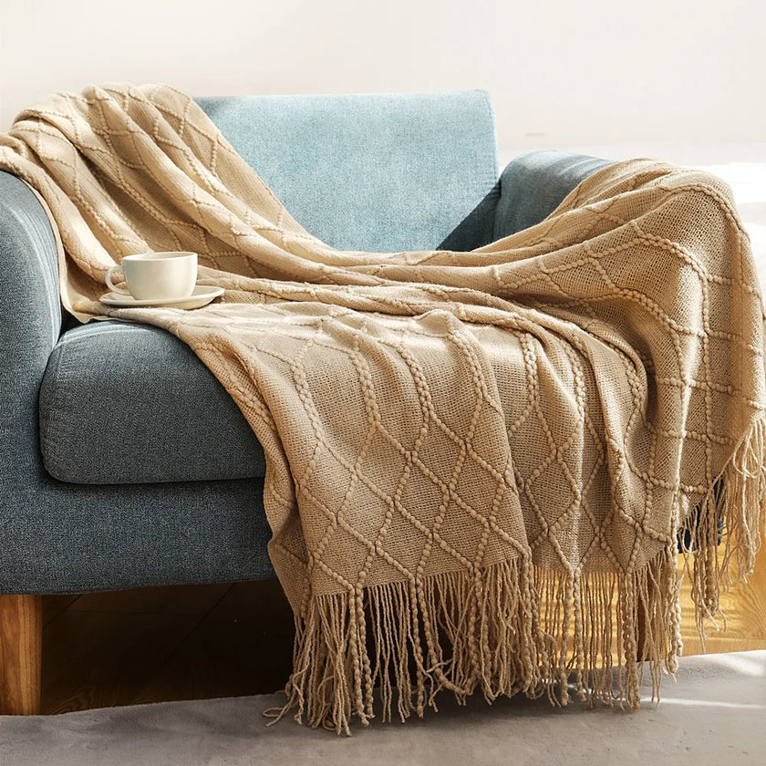 Cream Throw Gift Knitted Blanket Solid Color Fringe Decoration Blanket Cover Bean Blankets for Office Nap Couch and Bed Xmas