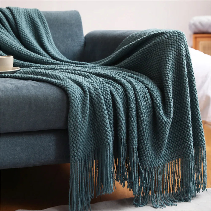 Cream Throw Gift Knitted Blanket Solid Color Fringe Decoration Blanket Cover Bean Blankets for Office Nap Couch and Bed Xmas