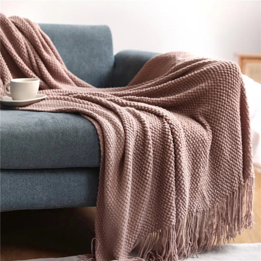 Cream Throw Gift Knitted Blanket Solid Color Fringe Decoration Blanket Cover Bean Blankets for Office Nap Couch and Bed Xmas