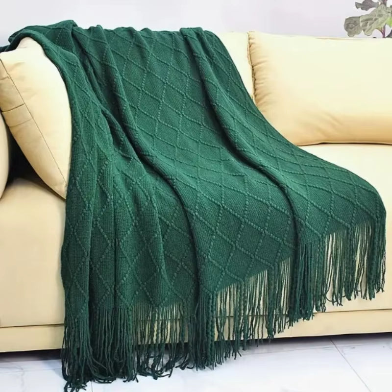 Chritmas Green Blankets Large Knitted Tassel Throw for Bed Chair Sofa Couch Cover All-Season Blanket Home Decor Soft Comfortable