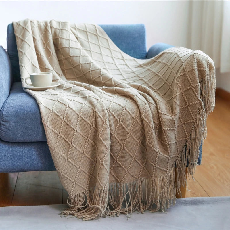 Cream Throw Gift Knitted Blanket Solid Color Fringe Decoration Blanket Cover Bean Blankets for Office Nap Couch and Bed Xmas