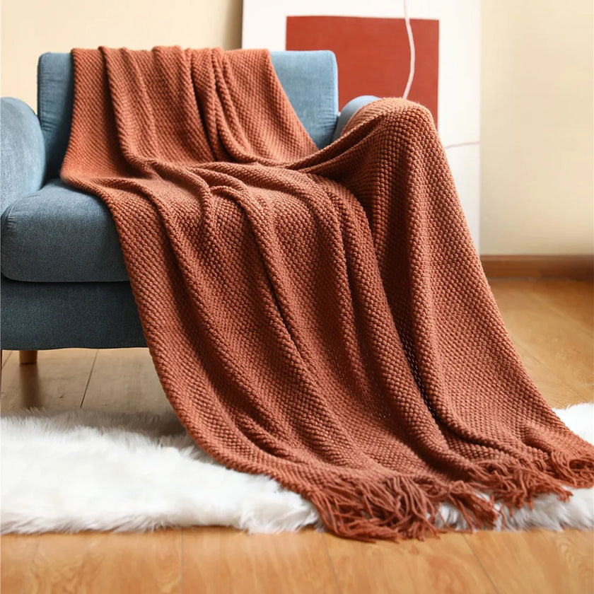 Cream Throw Gift Knitted Blanket Solid Color Fringe Decoration Blanket Cover Bean Blankets for Office Nap Couch and Bed Xmas