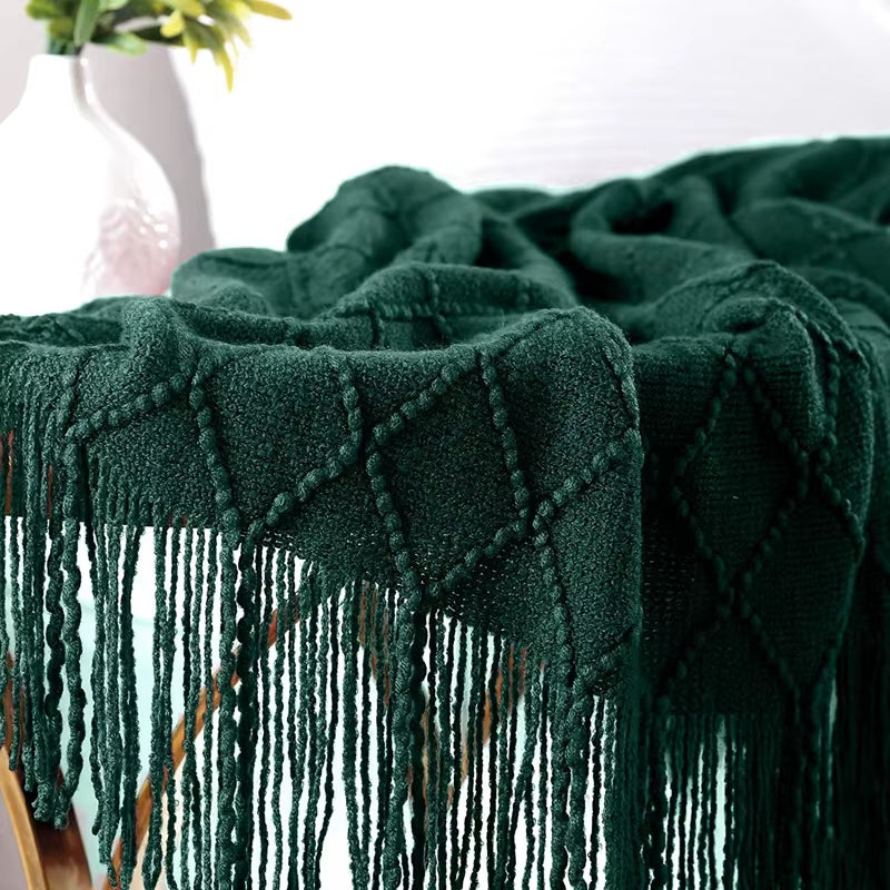 Chritmas Green Blankets Large Knitted Tassel Throw for Bed Chair Sofa Couch Cover All-Season Blanket Home Decor Soft Comfortable