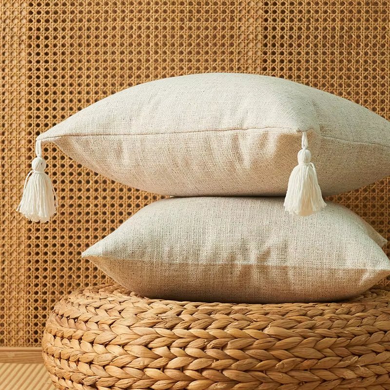 Solid Linen Pillow/Cushion Covers European with Tassels Throw Pillow Sham 18X18Inch Home Decor Square Decorative for Couch Kids