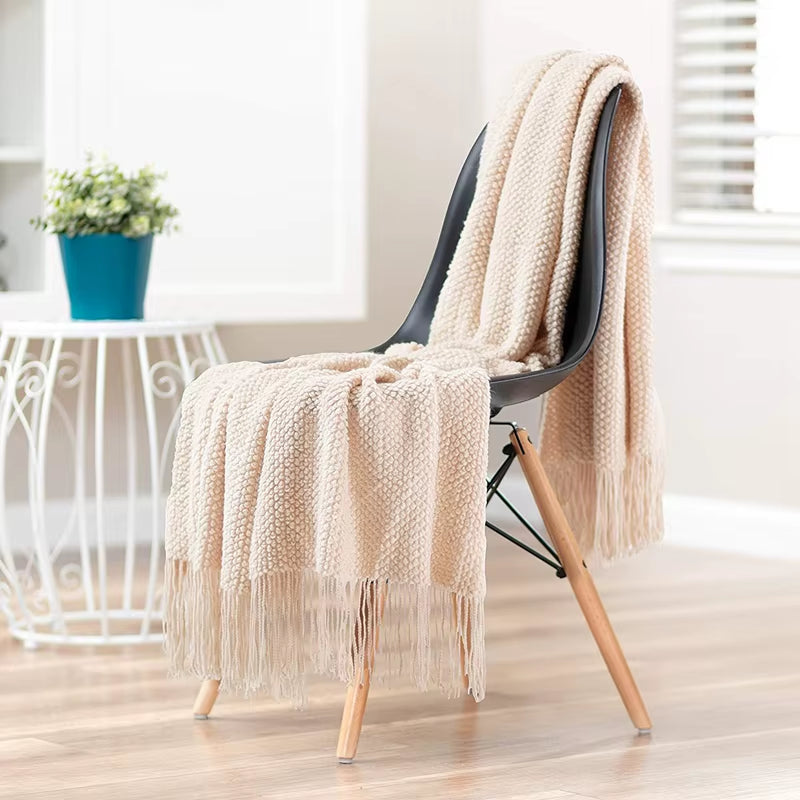 Cream Throw Gift Knitted Blanket Solid Color Fringe Decoration Blanket Cover Bean Blankets for Office Nap Couch and Bed Xmas