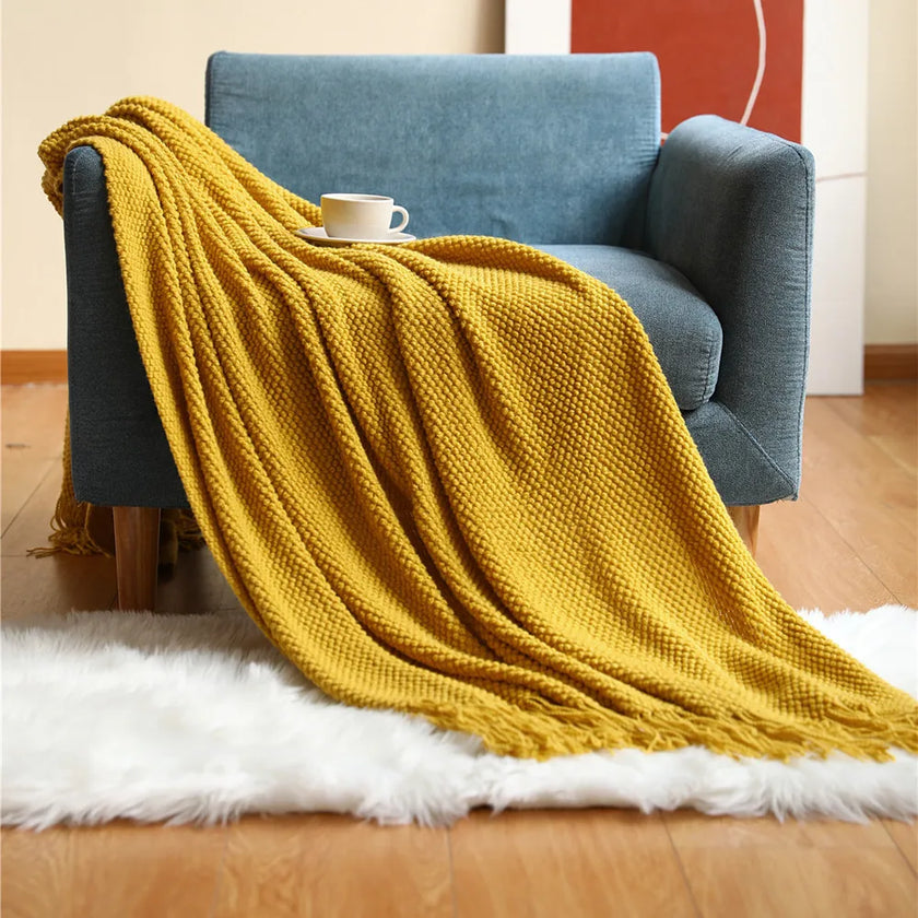 Cream Throw Gift Knitted Blanket Solid Color Fringe Decoration Blanket Cover Bean Blankets for Office Nap Couch and Bed Xmas