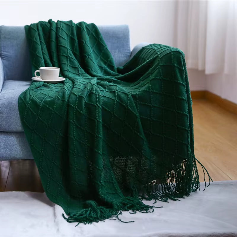 Chritmas Green Blankets Large Knitted Tassel Throw for Bed Chair Sofa Couch Cover All-Season Blanket Home Decor Soft Comfortable