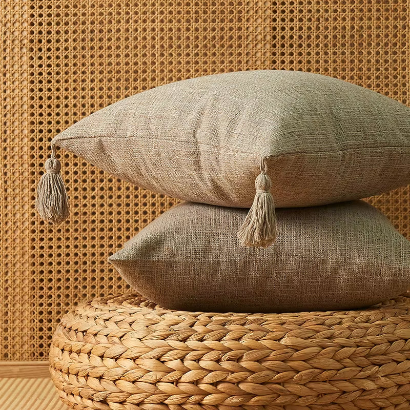 Solid Linen Pillow/Cushion Covers European with Tassels Throw Pillow Sham 18X18Inch Home Decor Square Decorative for Couch Kids