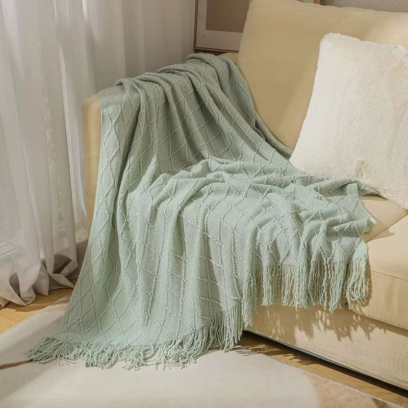 Chritmas Green Blankets Large Knitted Tassel Throw for Bed Chair Sofa Couch Cover All-Season Blanket Home Decor Soft Comfortable