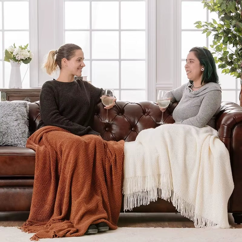 Cream Throw Gift Knitted Blanket Solid Color Fringe Decoration Blanket Cover Bean Blankets for Office Nap Couch and Bed Xmas