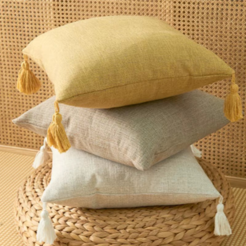 Solid Linen Pillow/Cushion Covers European with Tassels Throw Pillow Sham 18X18Inch Home Decor Square Decorative for Couch Kids