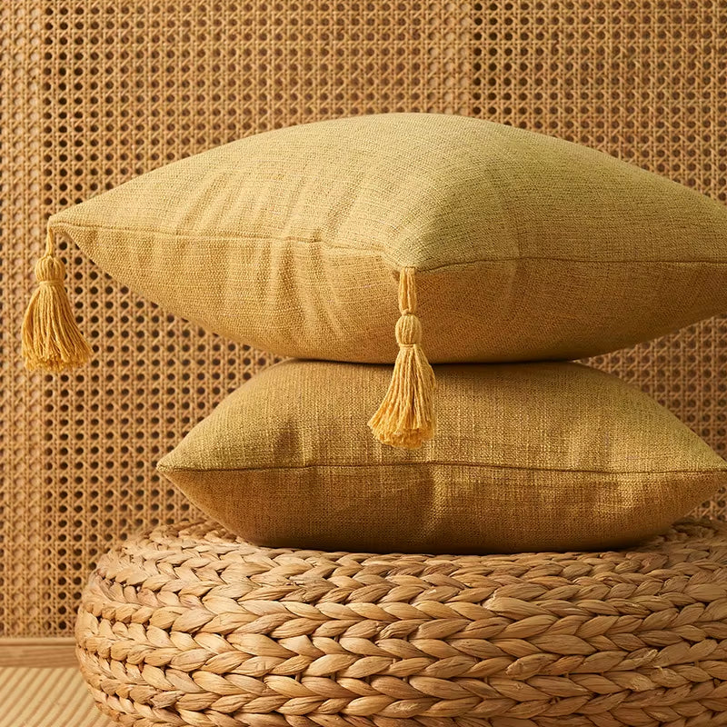 Solid Linen Pillow/Cushion Covers European with Tassels Throw Pillow Sham 18X18Inch Home Decor Square Decorative for Couch Kids