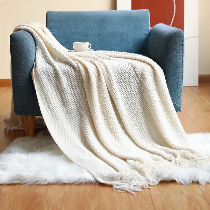 Cream Throw Gift Knitted Blanket Solid Color Fringe Decoration Blanket Cover Bean Blankets for Office Nap Couch and Bed Xmas