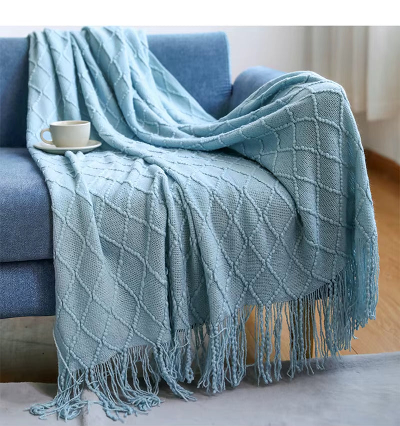 Chritmas Green Blankets Large Knitted Tassel Throw for Bed Chair Sofa Couch Cover All-Season Blanket Home Decor Soft Comfortable