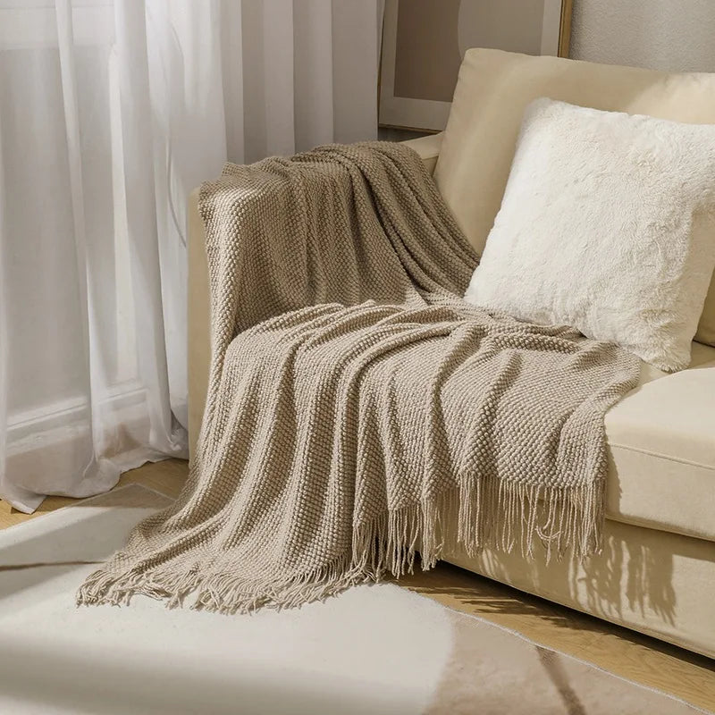 Cream Throw Gift Knitted Blanket Solid Color Fringe Decoration Blanket Cover Bean Blankets for Office Nap Couch and Bed Xmas